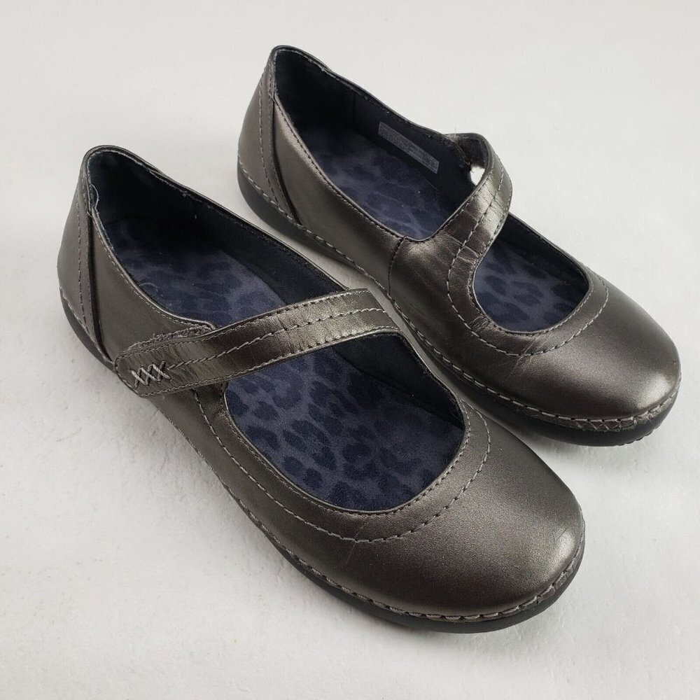 Vionic 354 Harper Mary Jane Shoe Women 6.5 Silver Leather Flat Comfort Hook Loop